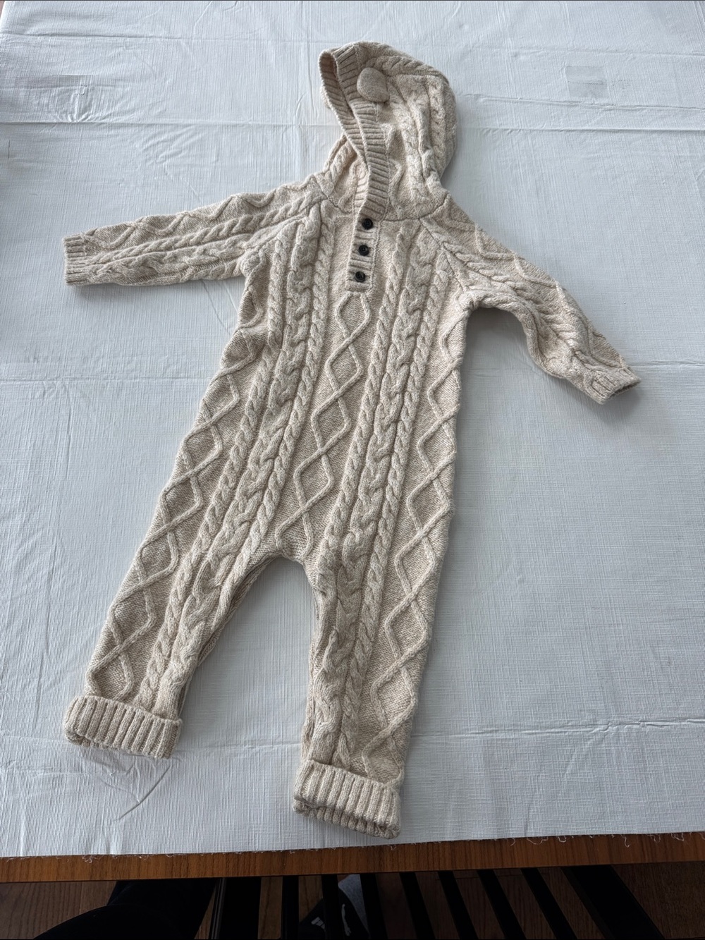 Janie and Jack Cream Cable-Knit Hooded One-Piece